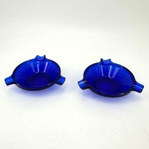 Pair Vtg MCM Cobalt Blue Glass Ashtrays Ribbed Starburst Fluted Dishes